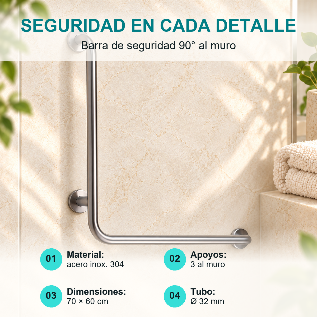 Barra de Seguridad 90° al Muro 70 × 60 cm Acero 304 - caracteristicas