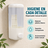 Dispensador de jabón blanco: plástico, depósito transparente y botón manual
