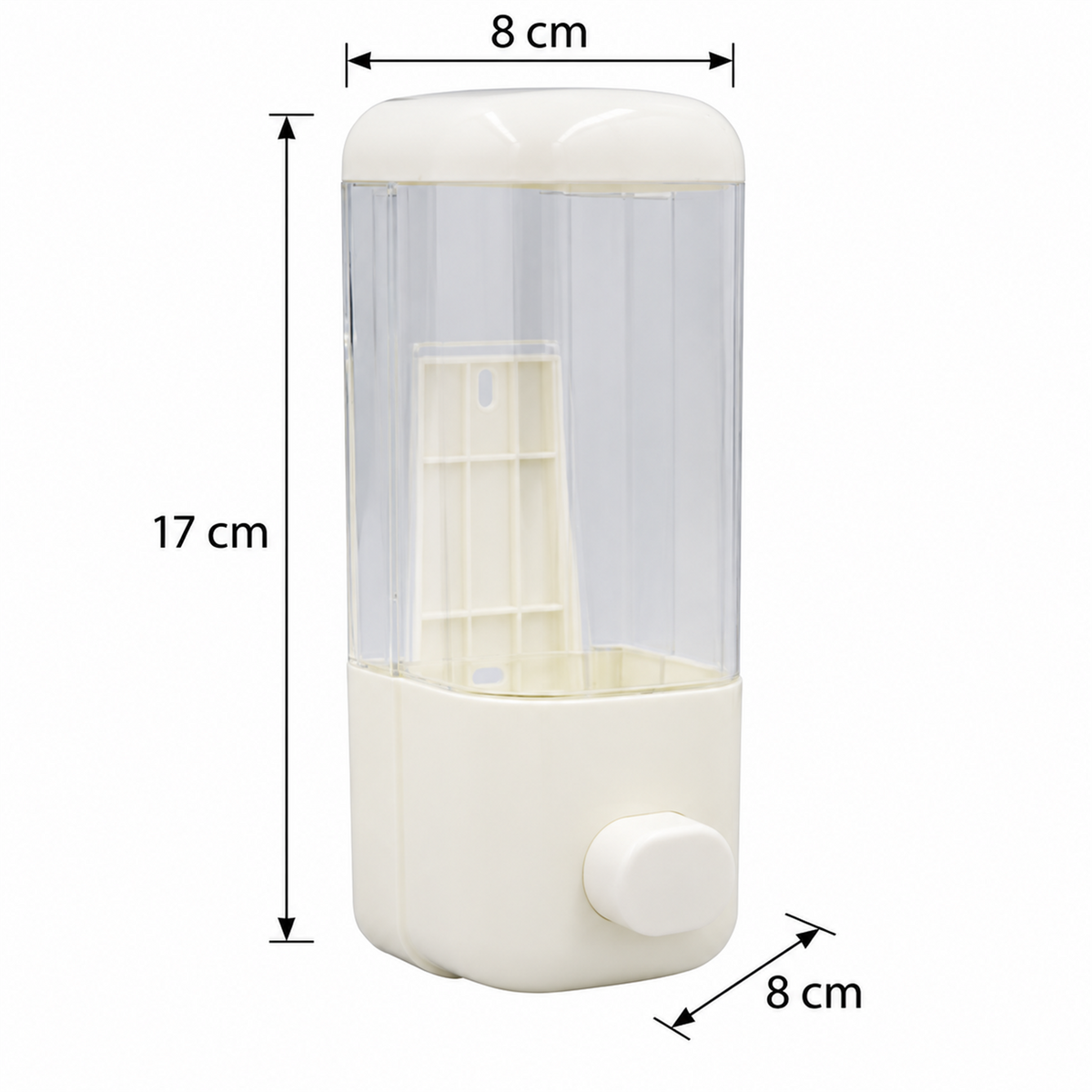 Dispensador de jabón blanco: alto 17 cm, ancho y fondo 8 cm