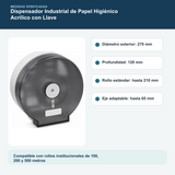 Medidas y datos verificados del dispensador industrial de papel higiénico acrílico con llave
