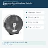 Contenido y características del dispensador industrial de papel higiénico acrílico con llave