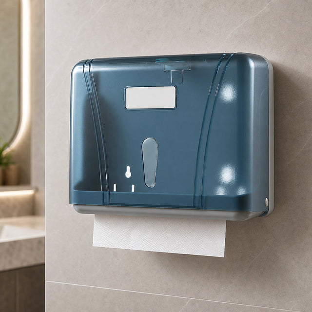 Dispensador de toallas interfoliadas en ABS translúcido instalado en baño