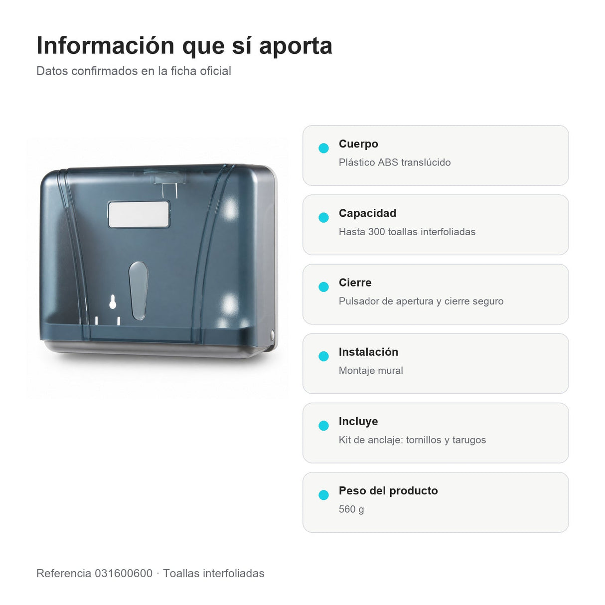 Capacidad, material, cierre seguro y kit de anclaje del dispensador
