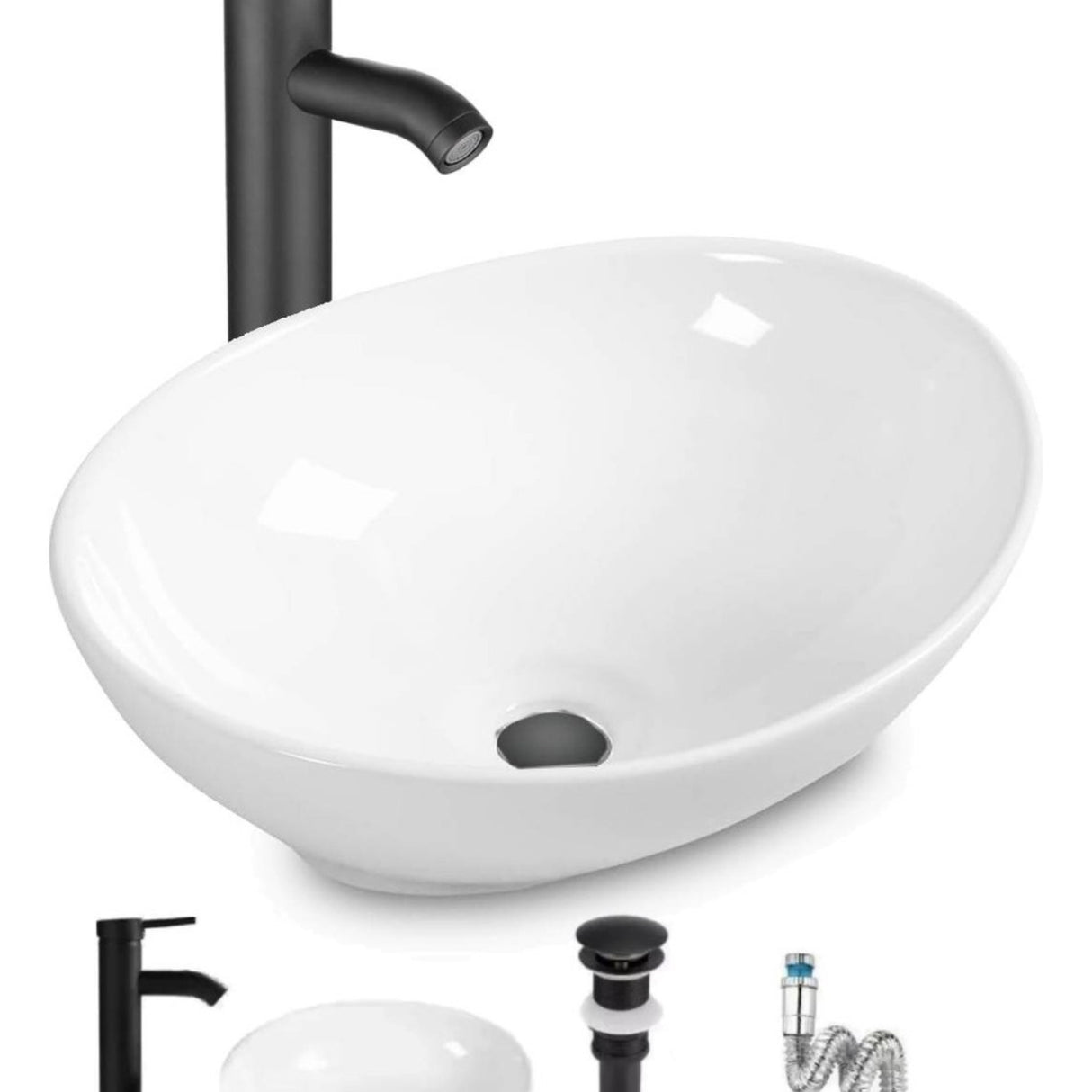 Kit Completo Lavamanos Blanco Canoa- Desagüe -griferia Negra