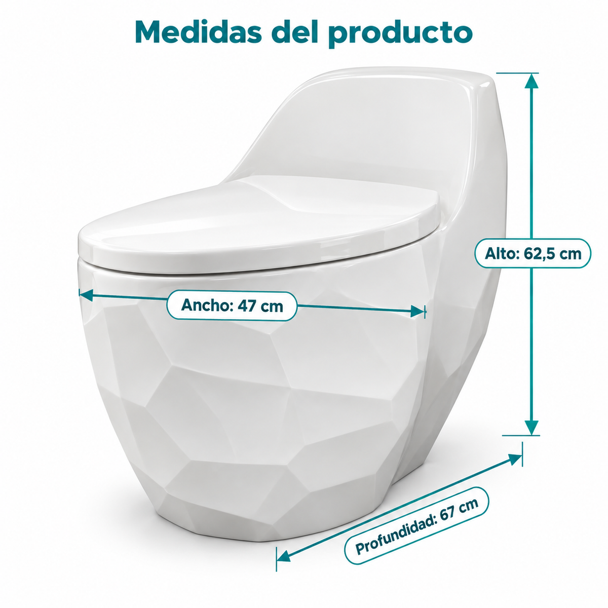 Sanitario 3D Blanco con medidas: ancho 47 cm, alto 62,5 cm y profundidad 67 cm