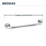 Barra de seguridad antideslizante cromada de 40 cm con sus medidas verificadas sobre el producto