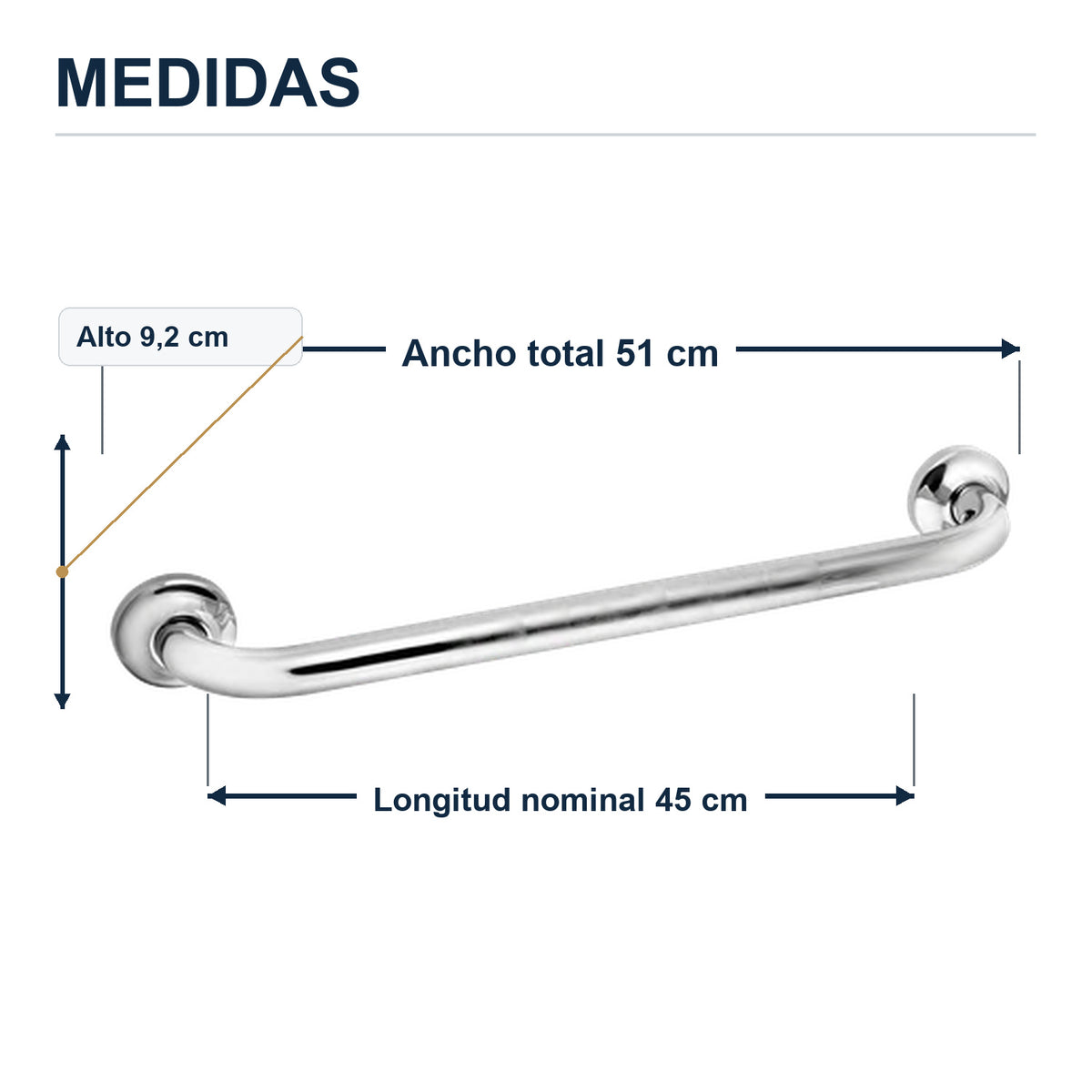 Barra de seguridad antideslizante cromada de 45 cm con sus medidas verificadas sobre el producto