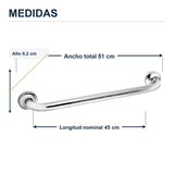Barra de seguridad antideslizante cromada de 45 cm con sus medidas verificadas sobre el producto