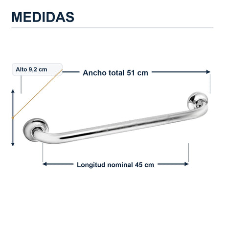 Barra de seguridad antideslizante de 45 cm en acero inoxidable cromado