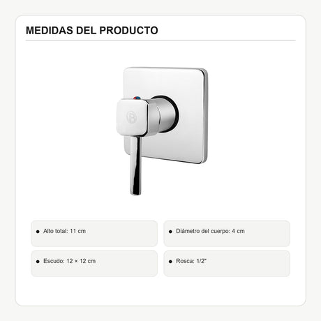 Registro monocontrol para ducha con escudo cuadrado cromado