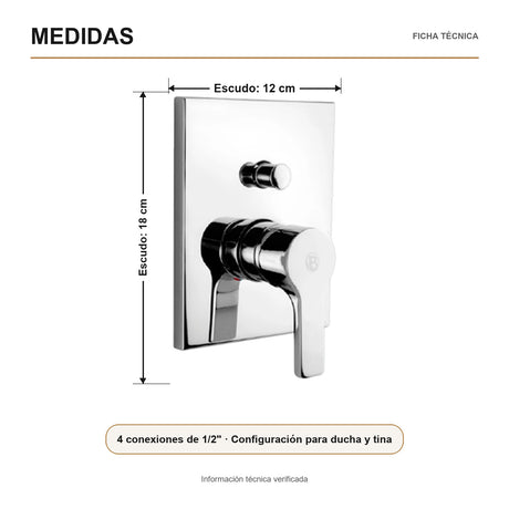 Registro monocontrol para ducha y tina con desviador cromado