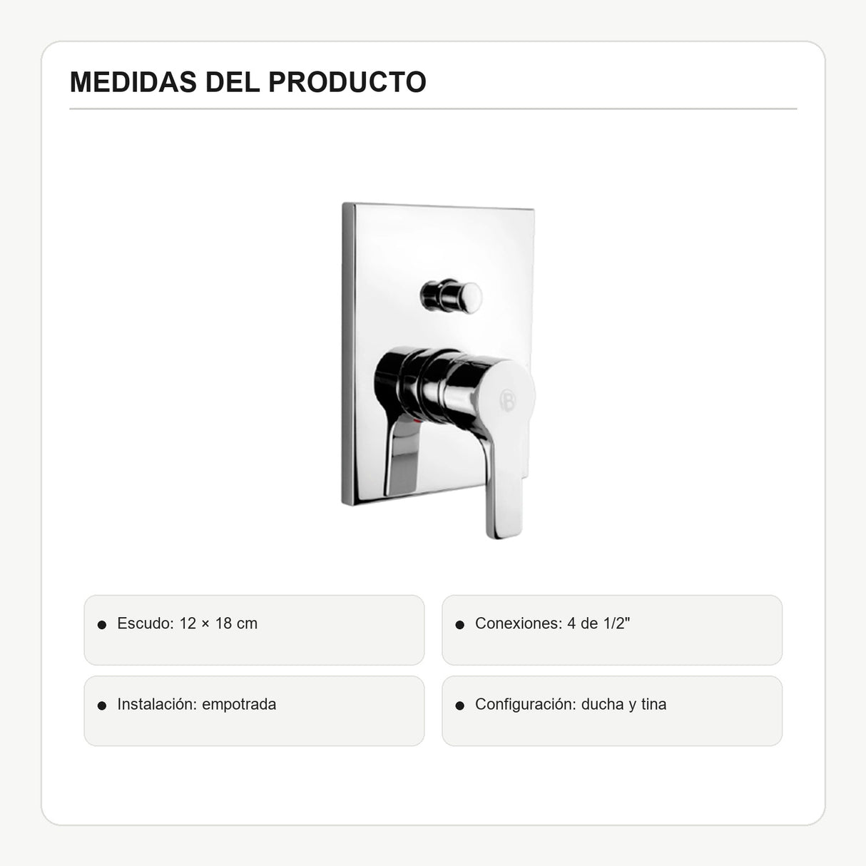 Registro monocontrol para ducha y tina con desviador cromado con medidas verificadas