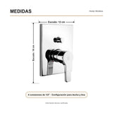 Medidas verificadas sobre el producto — Registro monocontrol para ducha y tina con desviador cromado