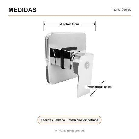 Registro monocontrol para ducha con escudo cuadrado en acero inoxidable