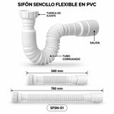 Sifón sencillo flexible en PVC blanco con medidas de 340 mm comprimido y 750 mm extendido