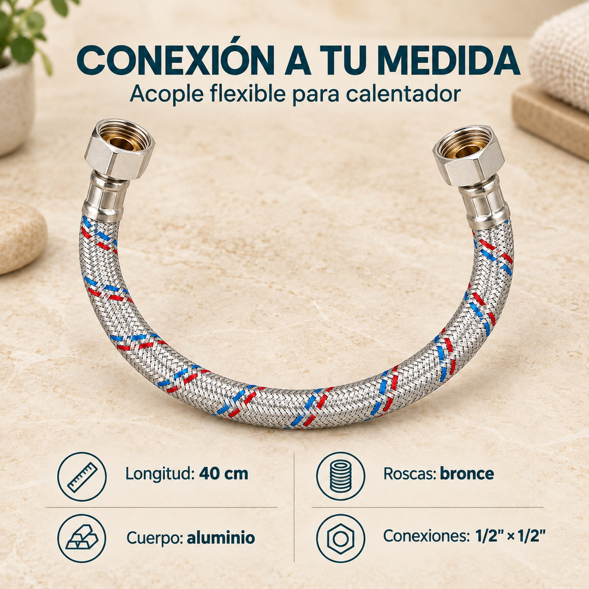 Características del acople YW006: aluminio, roscas de bronce y conexiones de media pulgada