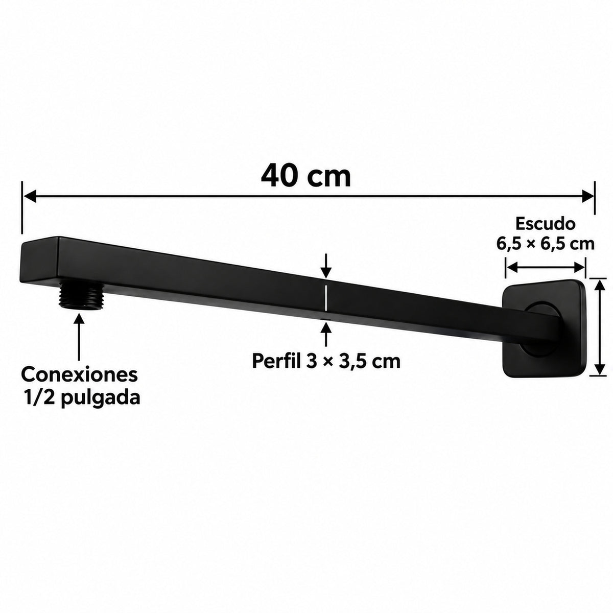 Medidas del tubo cuadrado negro para regadera de 40 cm