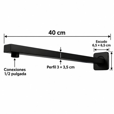 Tubo cuadrado para regadera de 40 cm en acero inoxidable negro