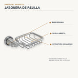 Jabonera de rejilla en aluminio cromado con base redonda con detalles de diseño