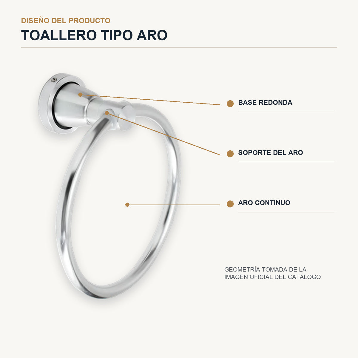 Toallero tipo aro en aluminio cromado con base redonda con detalles de diseño