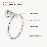 Toallero tipo aro en aluminio cromado con base redonda con detalles de diseño