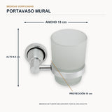 Portavaso mural de aluminio satinado con vaso de cristal con medidas verificadas