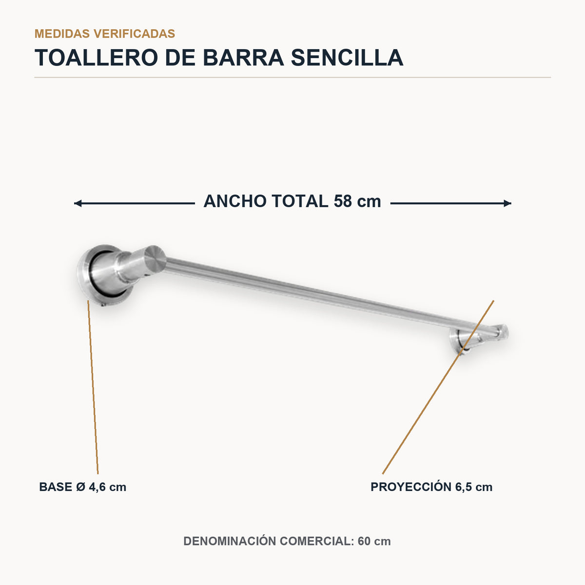 Toallero de barra sencilla de 60 cm en aluminio cromado con medidas verificadas