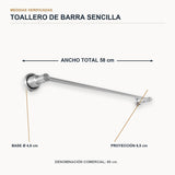 Toallero de barra sencilla de 60 cm en aluminio cromado con medidas verificadas