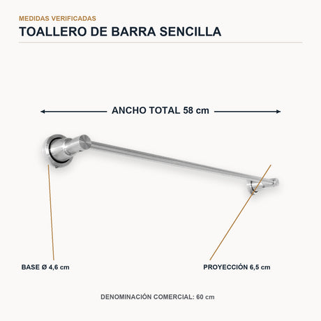 Toallero de barra sencilla de 60 cm en aluminio cromado
