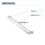 Barra de seguridad de aluminio cromado de 60 cm con sus medidas verificadas sobre el producto