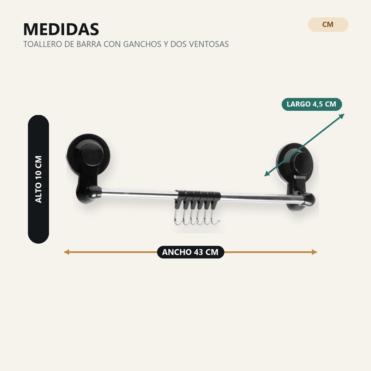 Medidas verificadas de toallero de barra con ganchos