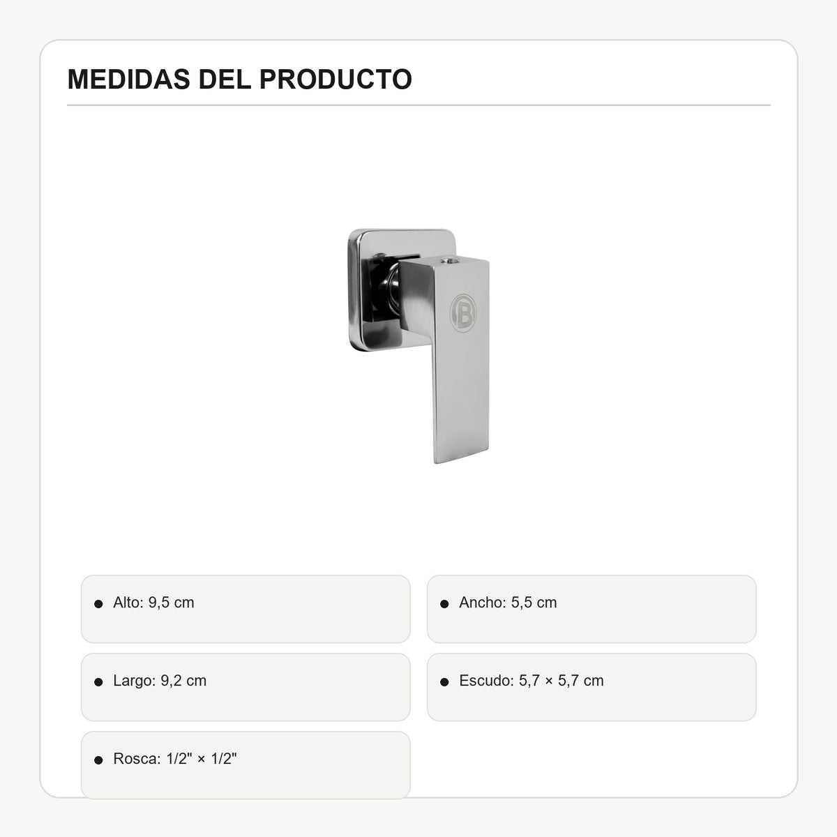 Registro sencillo para ducha de agua fría con escudo cuadrado cromado con medidas verificadas