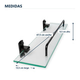 Repisa de vidrio con soportes negros de aluminio con sus medidas verificadas sobre el producto