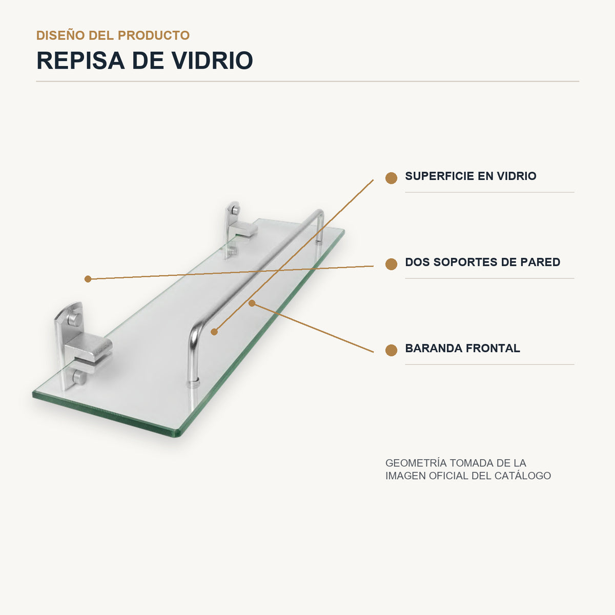 Repisa de vidrio con soportes de aluminio plateado con detalles de diseño