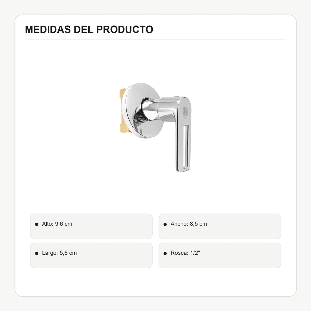 Registro sencillo para ducha en latón con manija calada cromada con medidas verificadas