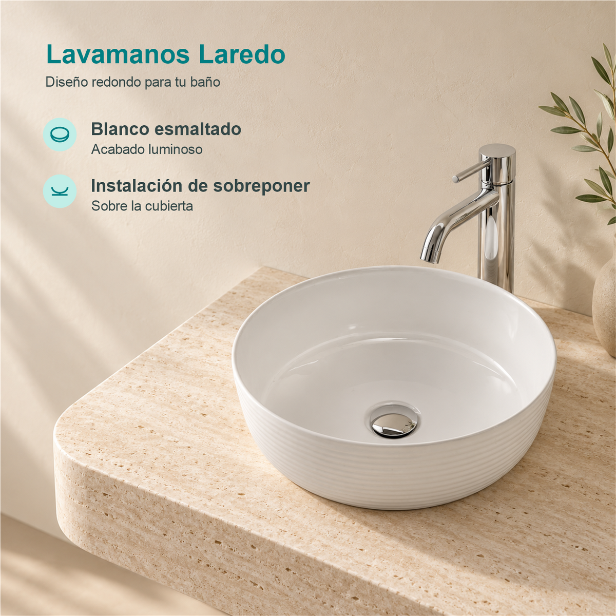 Características del lavamanos Laredo: blanco esmaltado e instalación de sobreponer.