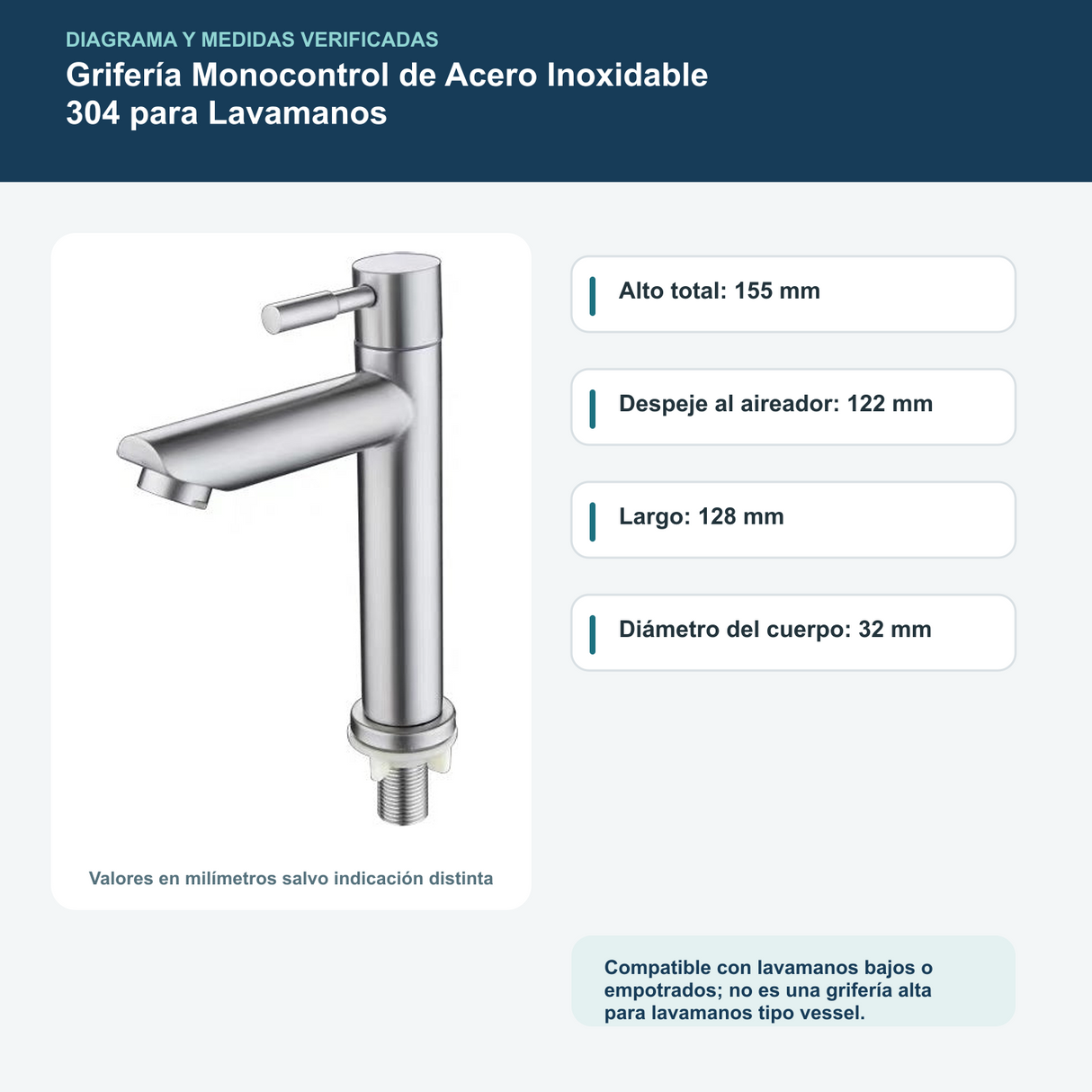 Diagrama o datos verificados del grifería monocontrol de acero inoxidable 304 para lavamanos