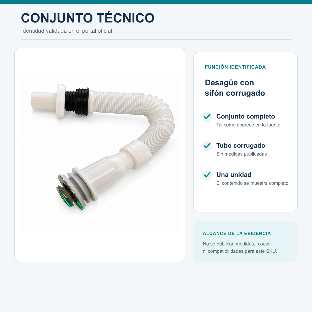 Lámina técnica del conjunto de desagüe con sifón corrugado y alcance de la evidencia disponible
