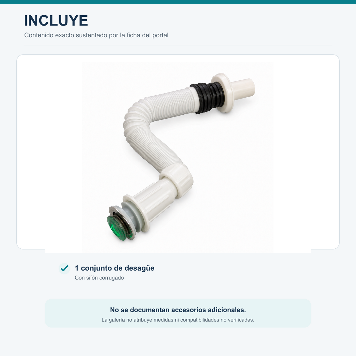 Contenido incluido con un conjunto de desagüe y sifón corrugado