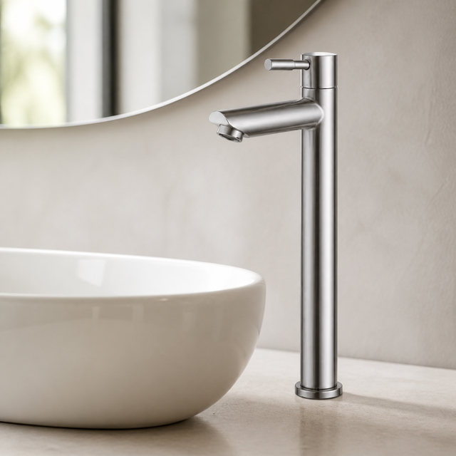 Grifería Alta de Acero Inoxidable para Lavamanos de Agua Fría instalado en un ambiente moderno y bien iluminado