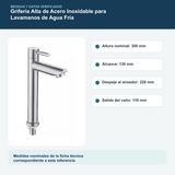 Medidas y datos verificados del grifería alta de acero inoxidable para lavamanos de agua fría