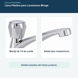 Detalle de manija y salida rompechorro de llave plástica para lavamanos