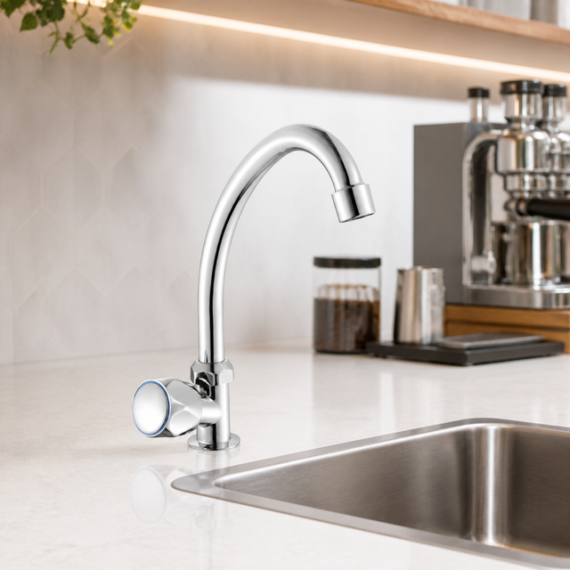 Grifería Lavacopas Cromada de Cuello Alto para Agua Fría instalado en un ambiente moderno y bien iluminado