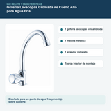 Contenido y características del grifería lavacopas cromada de cuello alto para agua fría