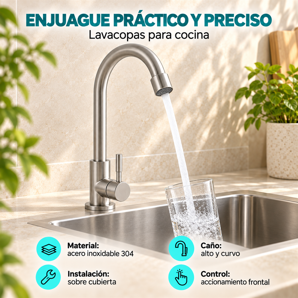 Características del lavacopas TAUMM en acero inoxidable 304 para instalación sobre cubierta