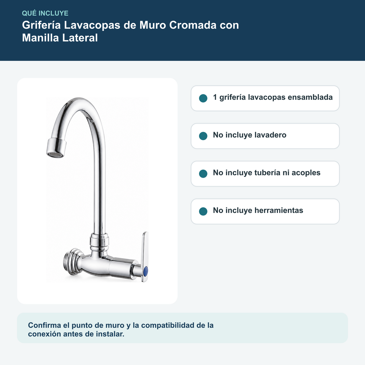 Grifería Lavacopas de Muro Cromada con Manilla Lateral: contenido y características