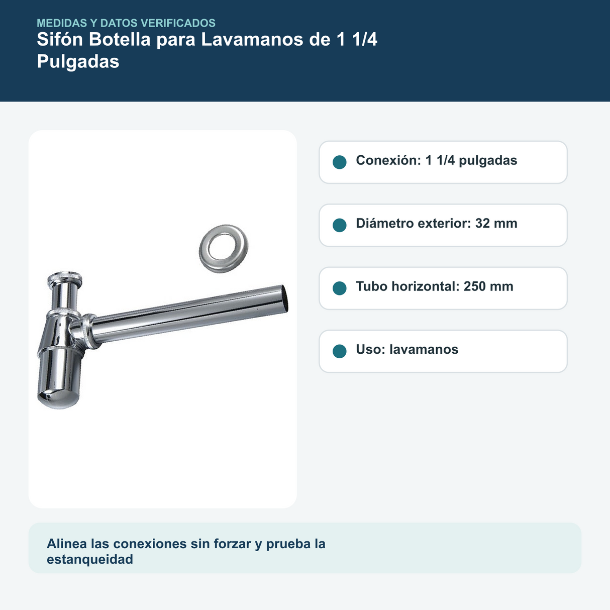 Medidas y datos verificados del sifón botella para lavamanos de 1 1/4 pulgadas con tubo de 25 cm