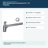 Medidas y datos verificados del sifón botella para lavamanos de 1 1/4 pulgadas con tubo de 25 cm
