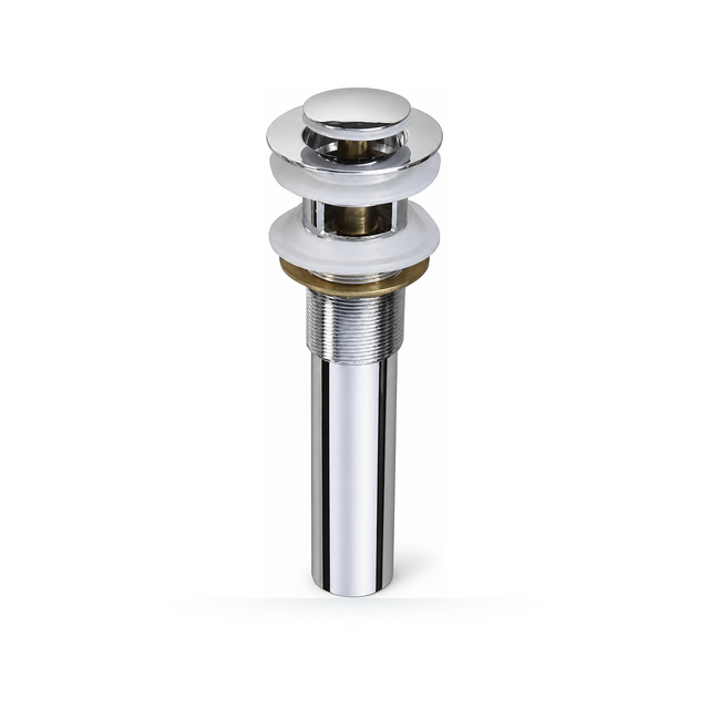 Desagüe Metálico Click-Clack con Rebose de 1 1/4 Pulgadas y Tubo de 12 cm completo sobre fondo blanco profesional