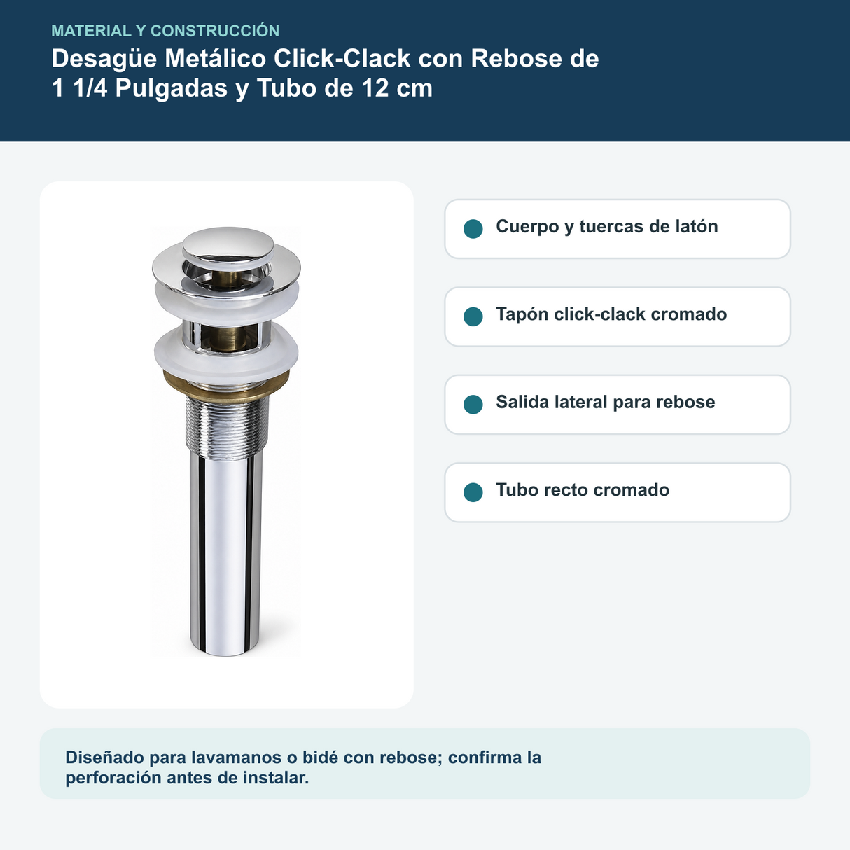 Materiales y construcción verificados del desagüe metálico click-clack con rebose de 1 1/4 pulgadas y tubo de 12 cm